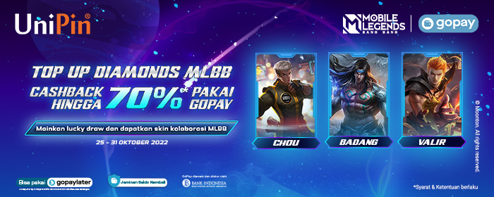 OKTOBER – Top up Diamonds MLBB di UniPin Pakai GoPay Cashback 70%!